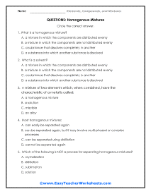 Homogenous Mixtures Question Worksheet