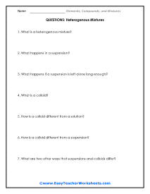 Heterogenous Mixtures Question Worksheet