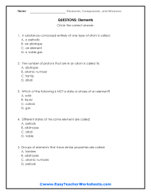 Elements Question Worksheet