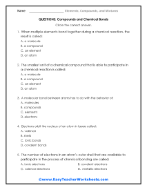 Chemical Bonds Question Worksheet