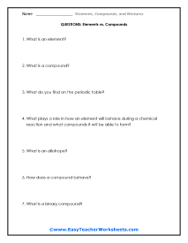 Elements vs. Compounds Question Worksheet