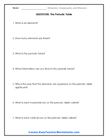 Periodic Table Question Worksheet