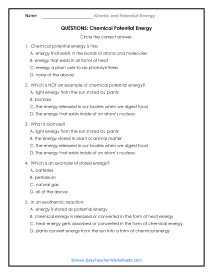 Chemical Potential Energy Question Worksheet