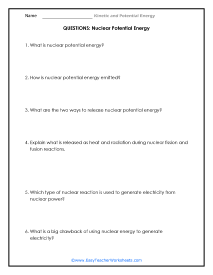Nuclear Potential Energy Question Worksheet