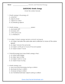 Speed, Potential Energy, Kinetic Energy Printable