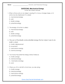 Mechanical Energy Question Worksheet