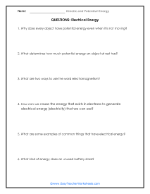 Electrical Energy Question Worksheet