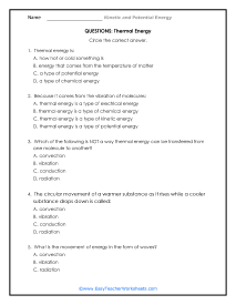 Thermal Energy Question Worksheet