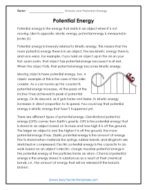 Speed, Potential Energy, Kinetic Energy Printable