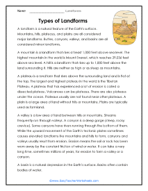 Types of Landforms Worksheet