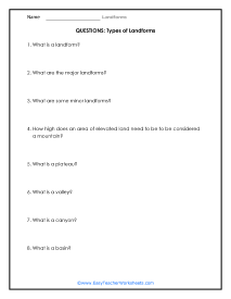 Types of Landforms Question Worksheet