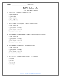 Mountains Question Worksheet