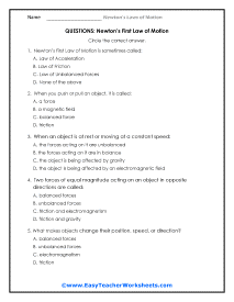 First Law Question Worksheet