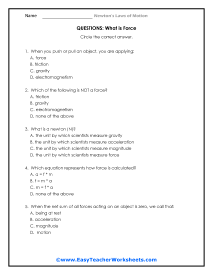 What is Force Question Worksheet