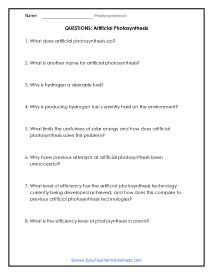 Artificial Photosynthesis Question Worksheet