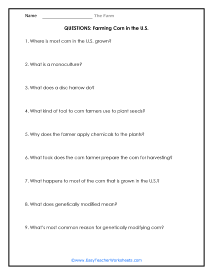 Farming Corn Question Worksheet