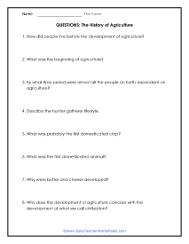 History of Agriculture Question Worksheet