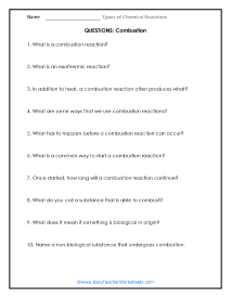 Combustion Question Worksheet