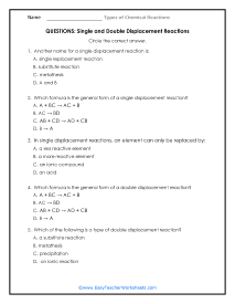 Single and Double Displacement Reactions Question Worksheet