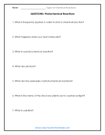 Photochemical Reactions Question Worksheet