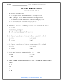 Acid-Base Reactions Question Worksheet