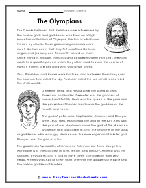 Olympians Reading Passage Worksheet