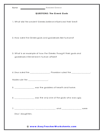 Greek Gods Question Worksheet