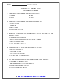 Olympic Games Question Worksheet
