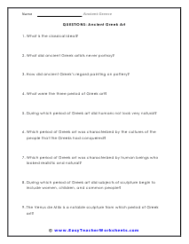Art Short Answer Worksheet