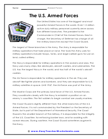 U.S. Armed Forces Reading Worksheet