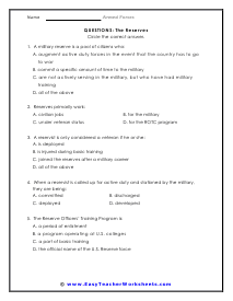 Reserves Question Worksheet