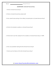 Armed Forces Day Question Worksheet