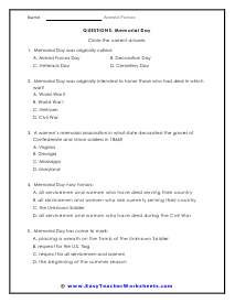 Memorial Day Question Worksheet
