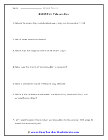 Veterans Day Question Worksheet