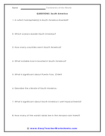 South America Question Worksheet
