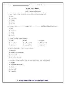 Africa Question Worksheet