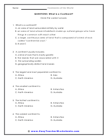 What is a Continent? Multiple Choice Worksheet