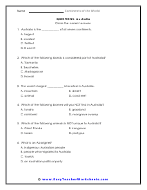 Australia Question Worksheet