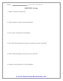 Europe Short Answer Worksheet