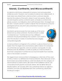 Islands, Continents, and Microcontinents Worksheet