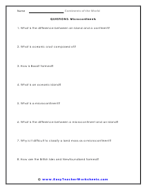 Islands, Continents, and Microcontinents Question Worksheet