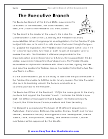The Executive Branch of Government Worksheets