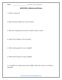 Latitude and Biomes Question Worksheet