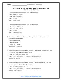 Tropic of Cancer and Capricorn Question Worksheet