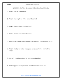 Prime Meridian and the International Date Line Question Worksheet