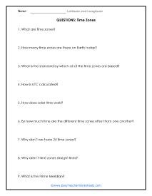 Time Zones Short Answer Worksheet