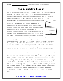 Legislative Branch Reading Worksheet