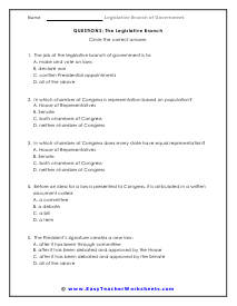 Legislative Branch Multiple Choice Worksheet