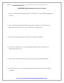 British Influences Short Answer Worksheet