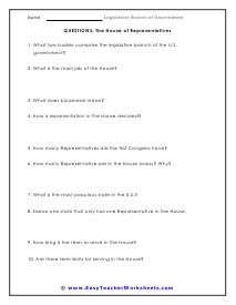 House of Representatives Worksheet